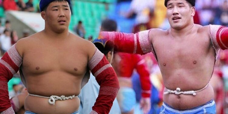 Аварга цолны хүндэтгэлийн барилдаанд зодоглох бөхчүүд